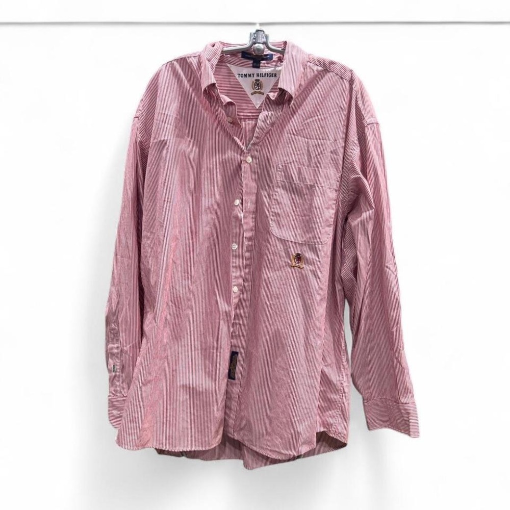 Men's retro 1998 Tommy Hilfiger red‎ and white striped button-up shirt size L